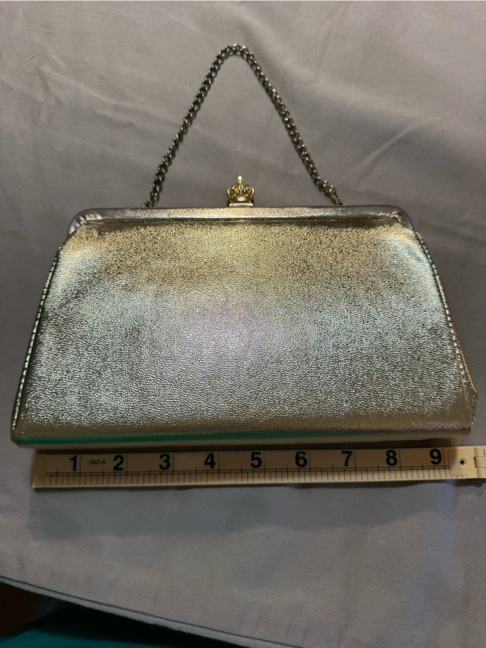 Vintage Gold Metallic Frame Clutch Handbag with Chain